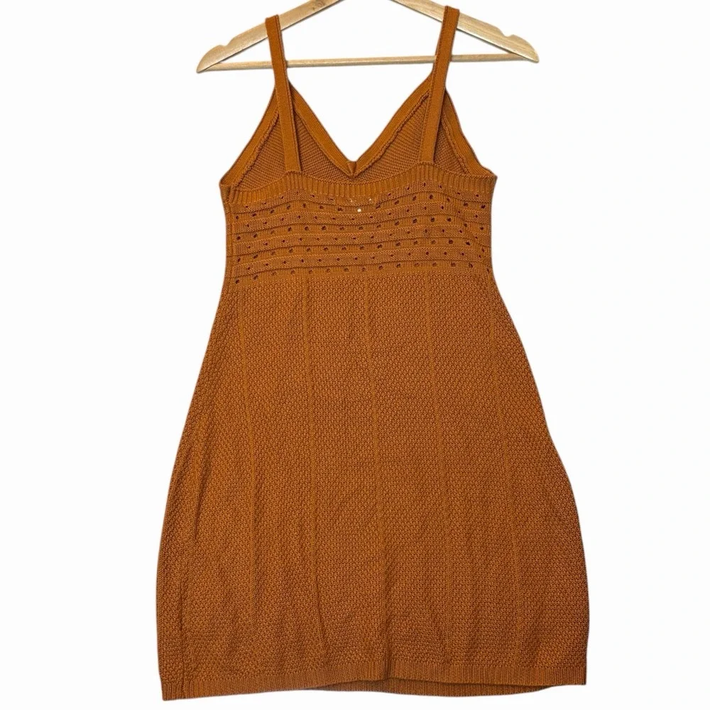 Knit Mini Dress‎ Womens S Burnt Orange Boho Chic Festival Pointelle Cottagecore